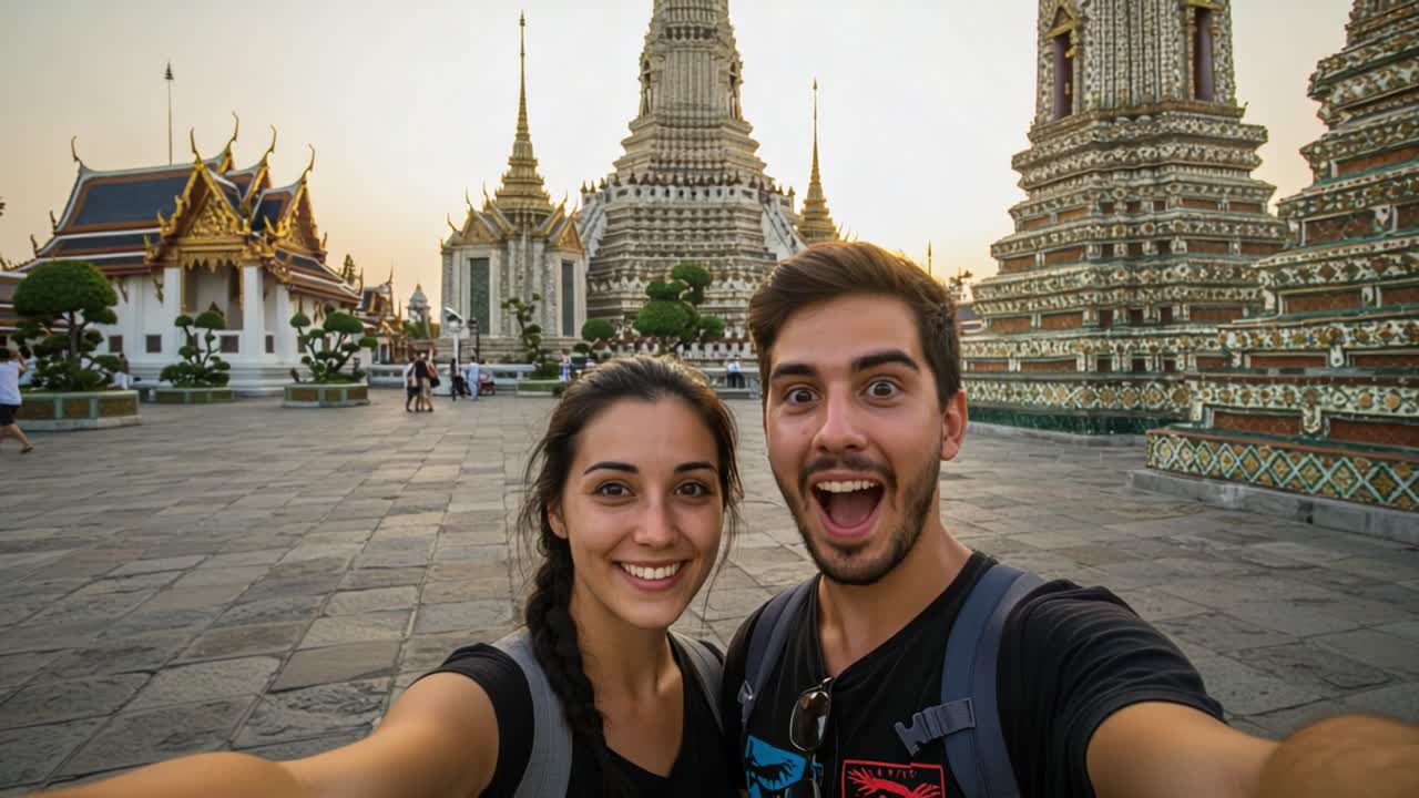 A Cheerful Couple Captures Their Adventure in Front of Magnificent Historic Temples at Sunset, Celebrating Cultural Heritage and Unforgettable Memories