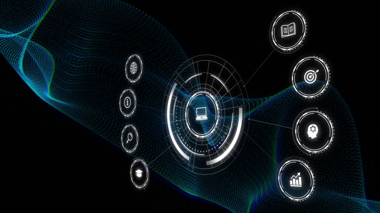 Animation of network of connections with icons on black background