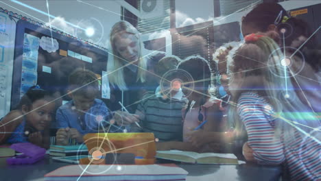 animation of kids in a classroom over data processing in the background
