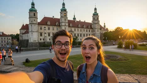 excitement captured: a joyful selfie at sunset with historic architecture in the background, showcasing happy expressions and stunning lighting