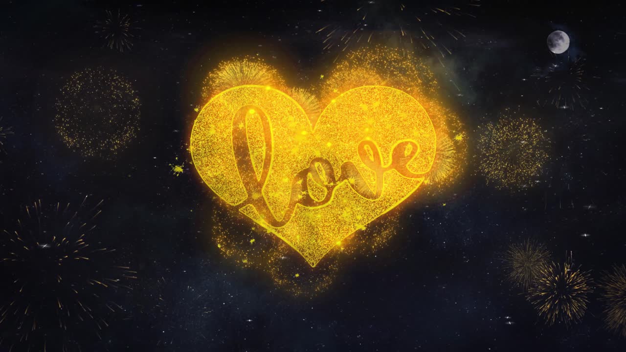 Golden Heart with Fireworks in Night Sky