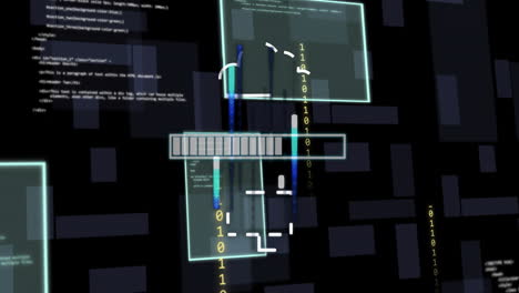 animación de procesamiento digital de datos con código binario y diagramas técnicos