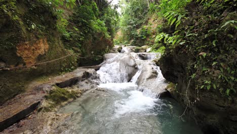 una vista espectacular mirando hacia arriba el río de cascadas y piscinas naturales tropicales en el hermoso y fresco agujero azul atracción turística en ocho rios jamaica con exuberante vegetación que bordea el río
