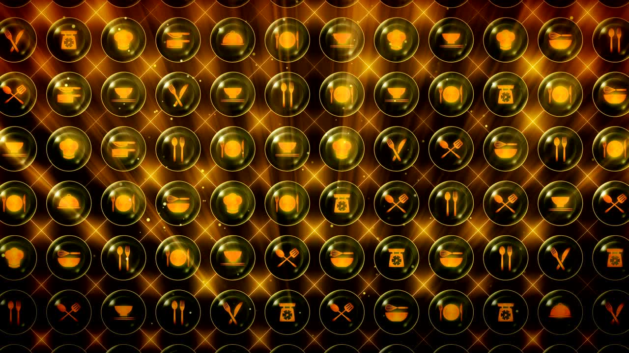 레스토랑 아이콘의 세트, 레스토랑 요리 장비 배경, cg 루프 애니메이션