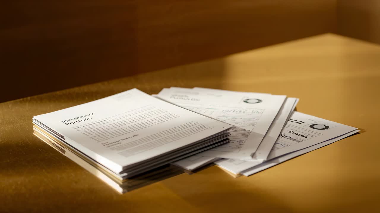 Warm light shifting over paper stack titled Investment Portfolio logo on wood table for review