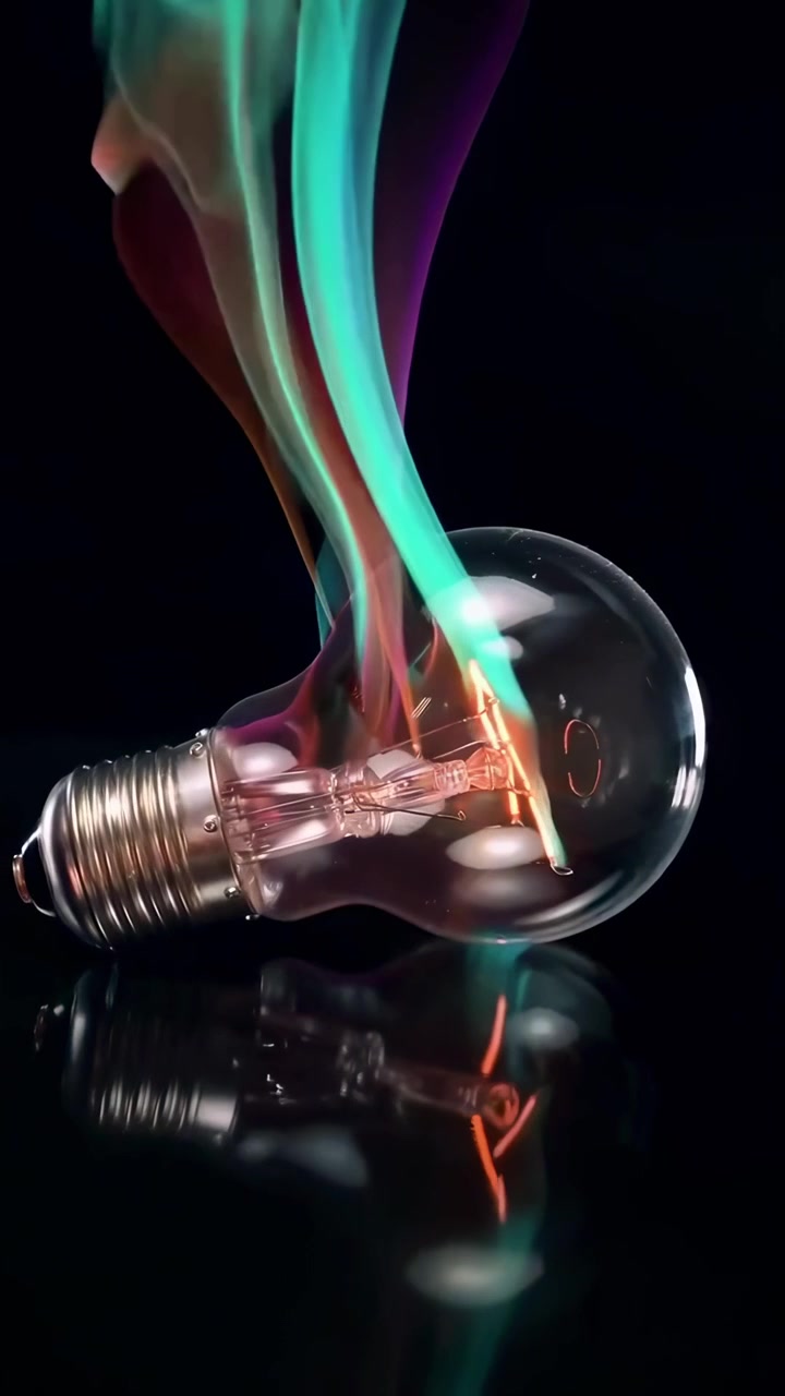 Light Bulb Surrounded by Colorful Swirling Smoke on Black Background