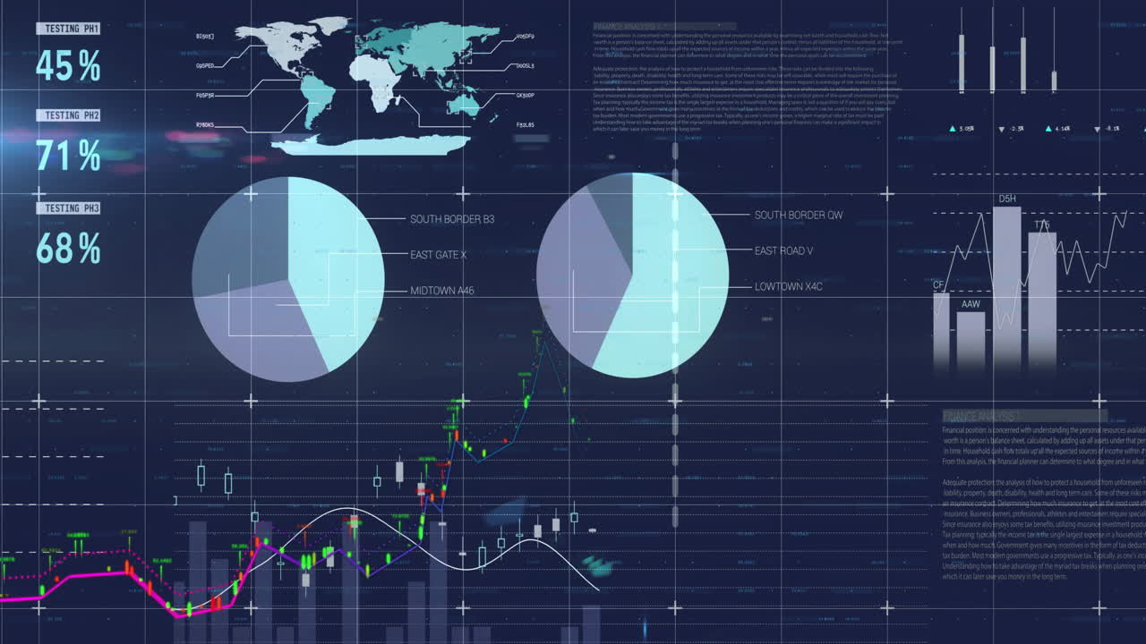 Animation of digital data processing over grid on dark background