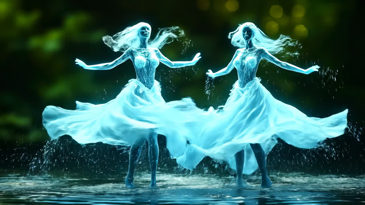 Two female figures made of water dancing on lake. Ethereal silhouettes of women formed from liquid splashes dancing on water surface with bokeh background