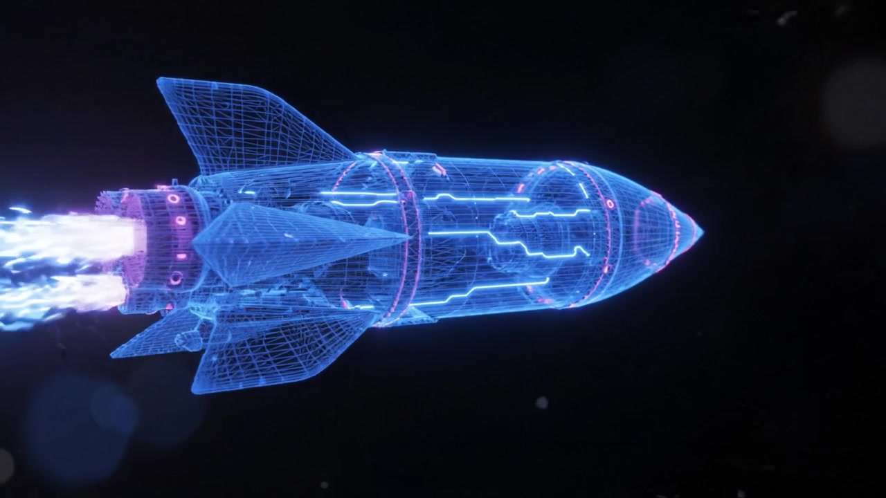 A High-Tech Rocket Concept: A Stunning Visual Representation of a Futuristic Rocket in Flight, Showcasing Its Advanced Design and Digital Features with Glowing Effects.