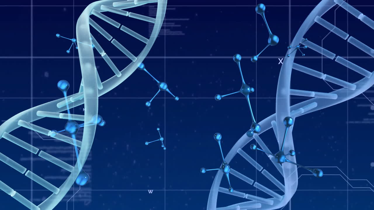 Animation of dna strand and molecules over data processing on blue background