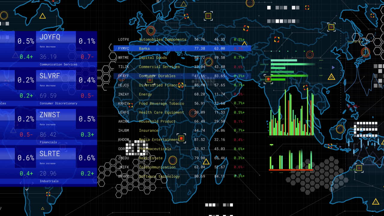 animación del procesamiento de datos financieros a través de pantallas y un mapa del mundo.