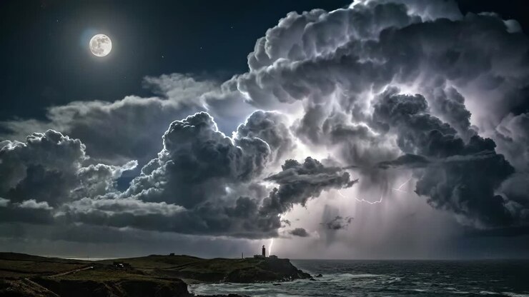 Paesaggio notturno drammatico con fulmini e luna