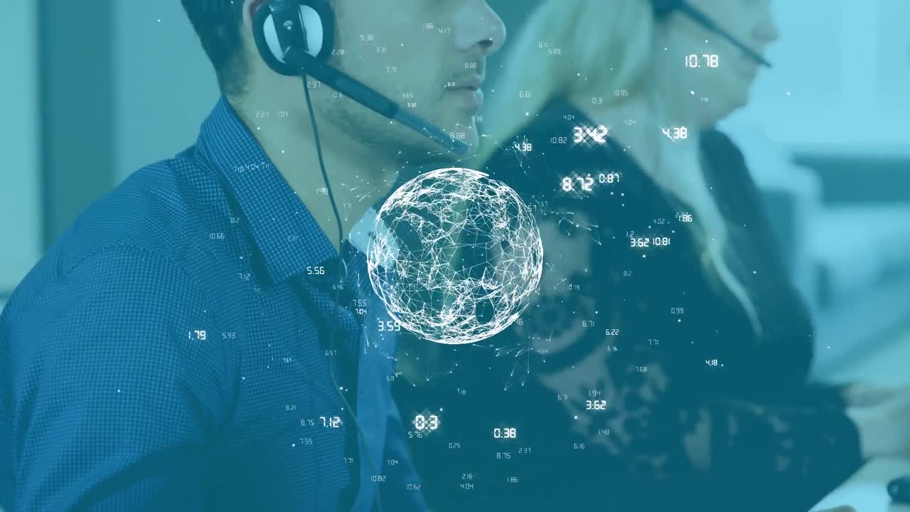 사무실에서 일하는 백인 남성 고객 서비스 임원에 대한 연결 네트워크의 세계