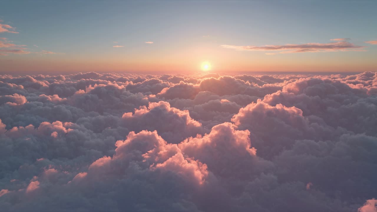 Vista aerea di un'alba serena sopra soffici nuvole rosa, che crea un'atmosfera sognante ed eterea