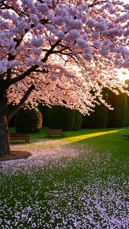 cherry blossoms in a park at sunset