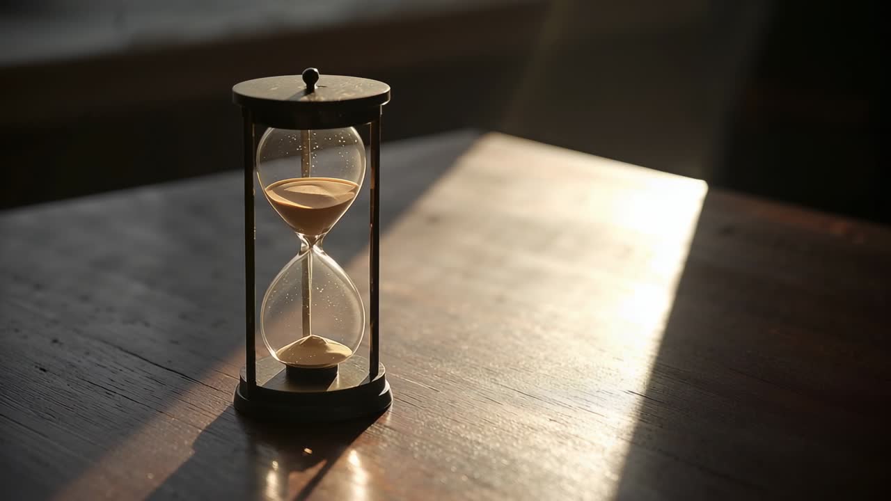 Sunbeam entering from right causing hourglass trickling sand on wooden table, marking time passage