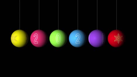configuración de animación realista de la navidad y el año nuevo bolas multicolores con un copo de nieve dorado y texto 2020. decoración giratoria en fondo blanco. feliz navidad y feliz año nuevo! animación con alfa (fondo transparente)