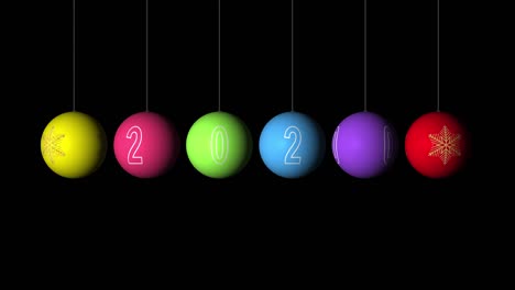 set looping realistic animation of the christmas and new year multicolored balls with a golden snowflake and text 2020. rotating decoration on white background. merry christmas and a happy new year! animation with alpha (transparent background)