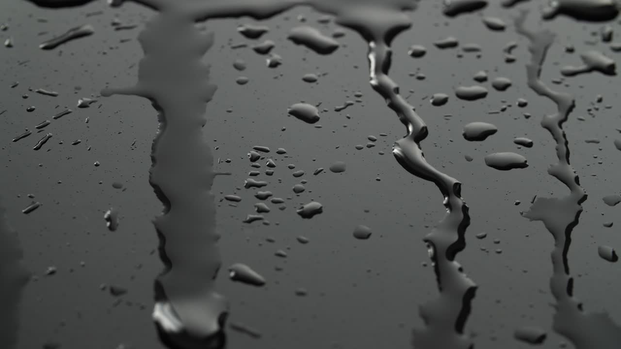 Rekaman close-up tetesan hujan di latar belakang hitam.