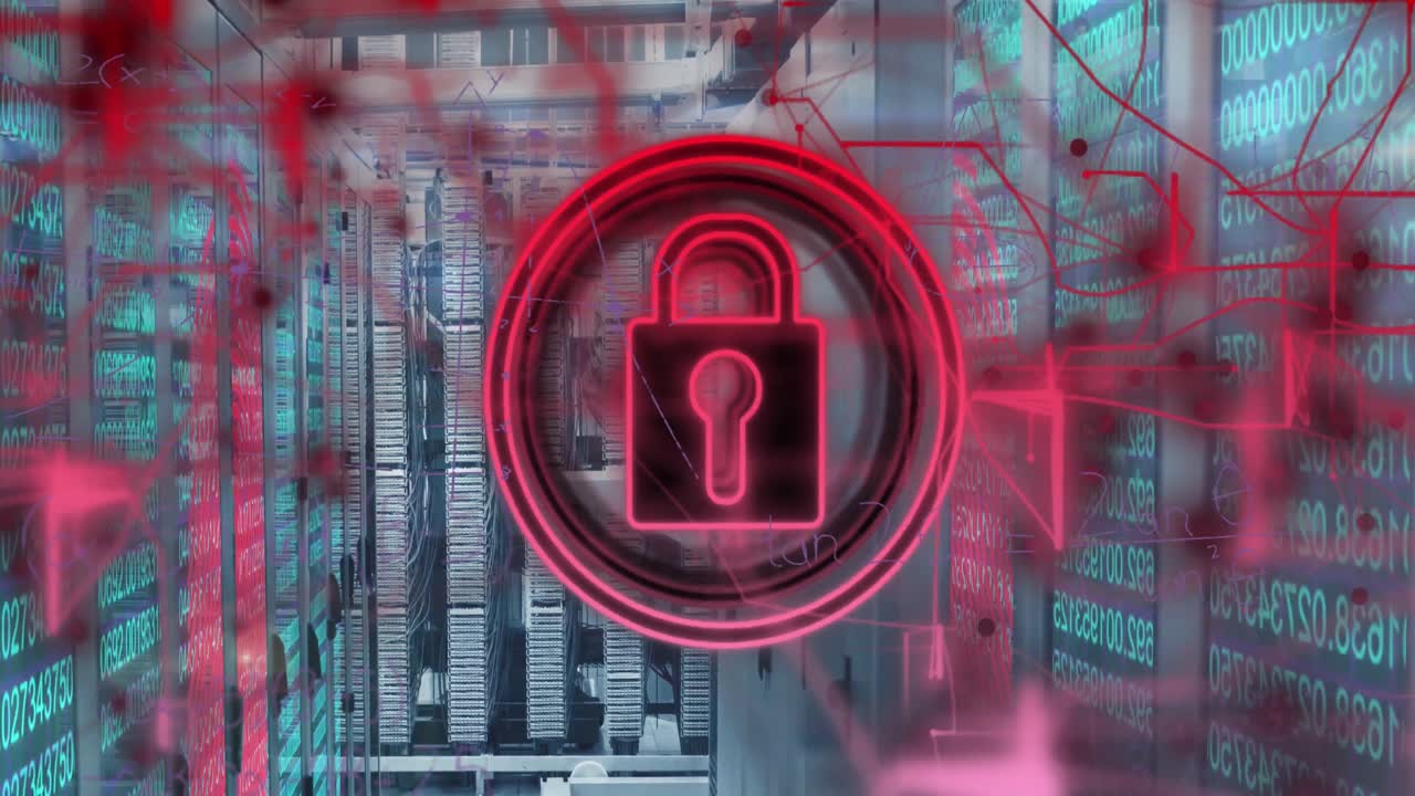 animación del icono del candado de seguridad contra el escáner biométrico de huellas dactilares sobre la sala del servidor.