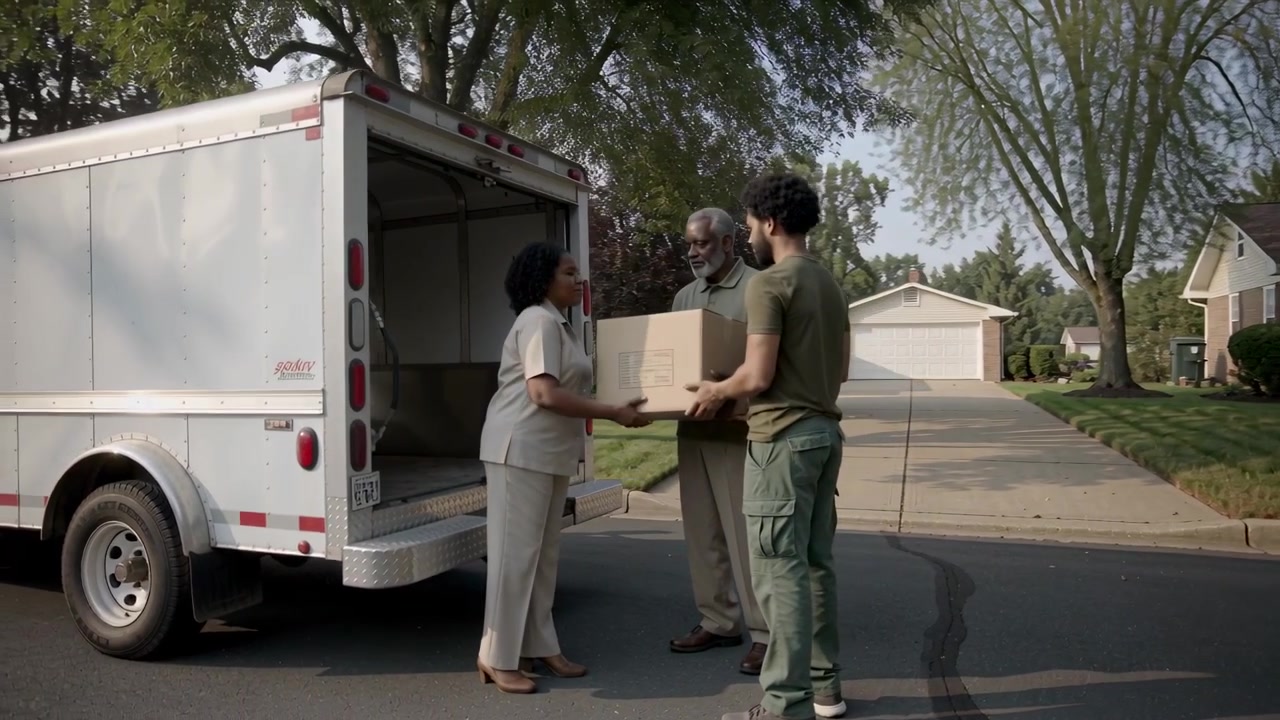 Handing keys, mover helping senior in light pantsuit passing box into white truck on quiet street