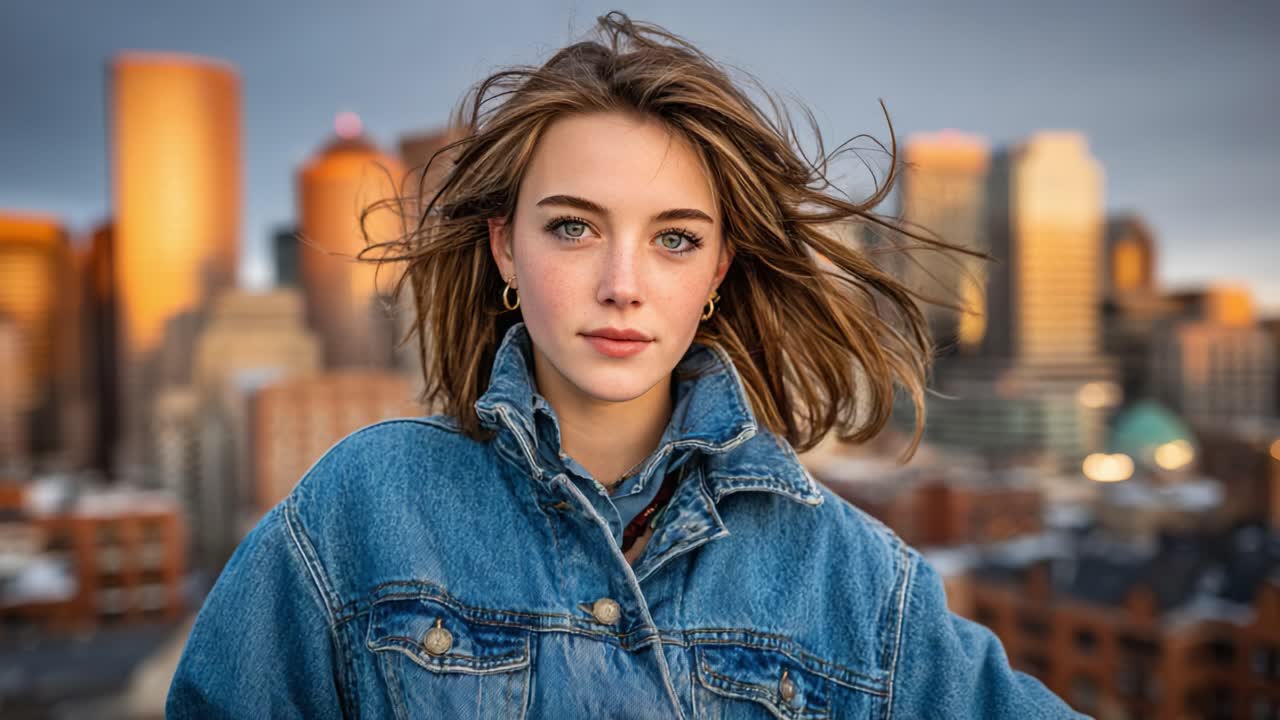 A Captivating Portrait of a Young Woman with Wind-Swept Hair Against a Cityscape Background During Golden Hour