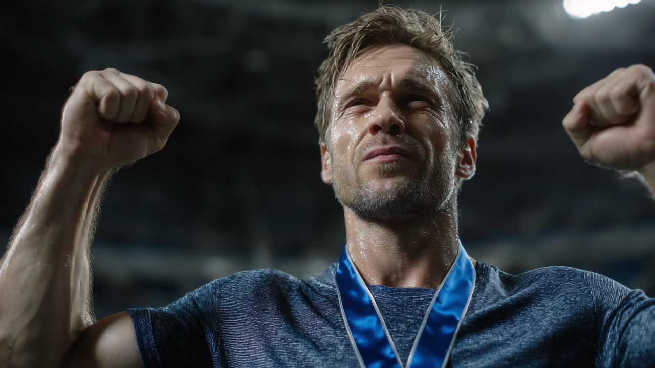 A triumphant athlete celebrates victory as they proudly display their medal, embodying determination and joy in an electrifying sports arena atmosphere