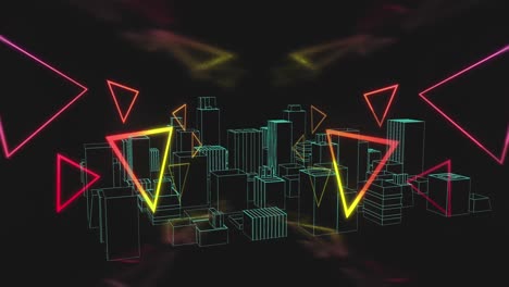 Animation-of-city-and-shapes-on-black-background