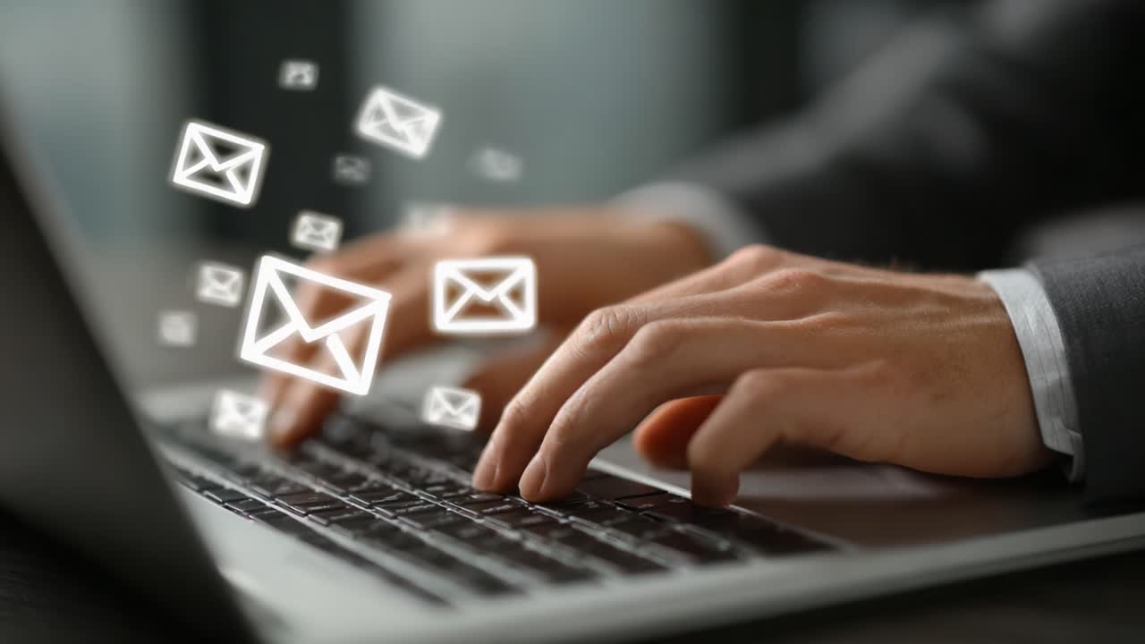 A person typing on a laptop with animated email icons appearing, symbolizing communication, digital interactions, and the exchange of messages in a modern workspace