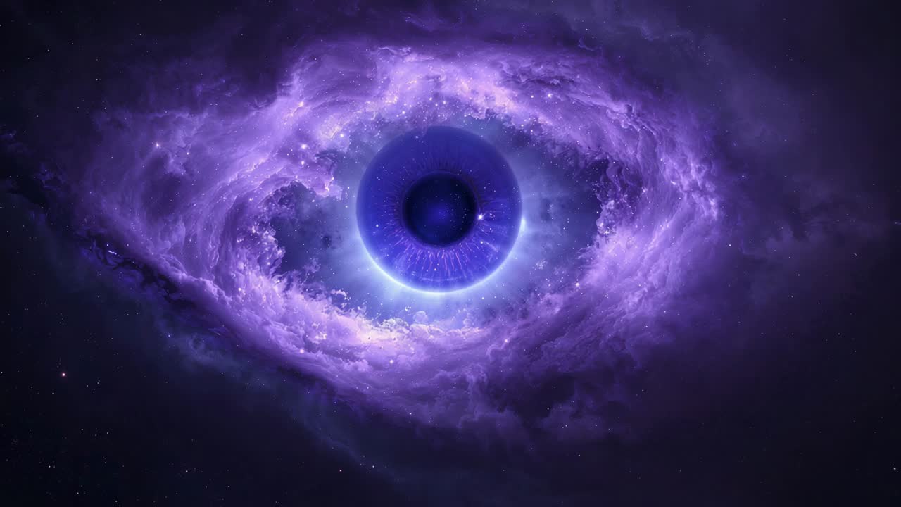 Glødende indre ring, der driver øjenlignende nebula og strammer lilla bånd i det dybe rum, der viser stjernepletter