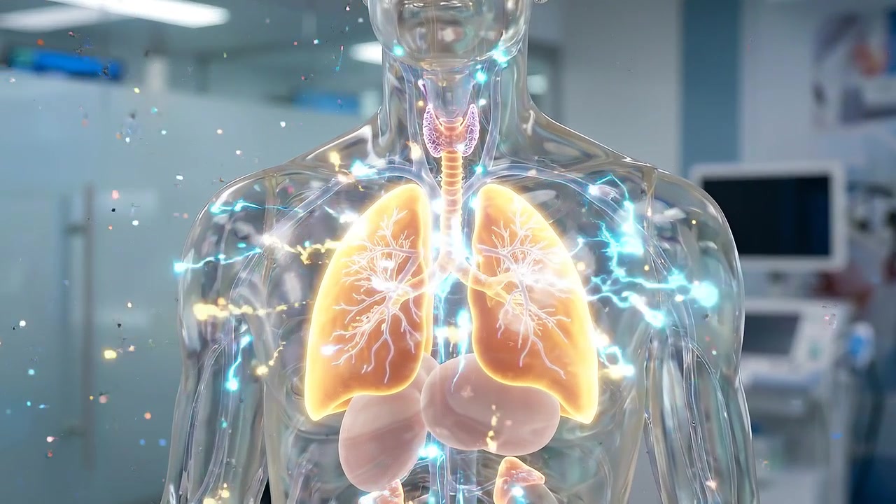 Transparent human anatomical model standing in modern medical laboratory