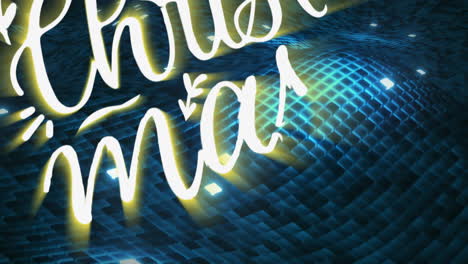Christmas text animation over blue and green digital grid background