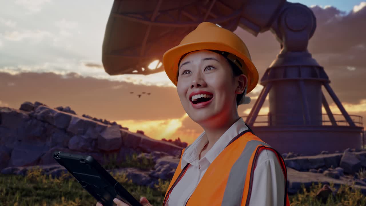 Close Up Side View Of Asian Female Engineer With Safety Helmet Looking At The Tablet In Her Hand And Looking Around While Standing With Large Satellite Dish