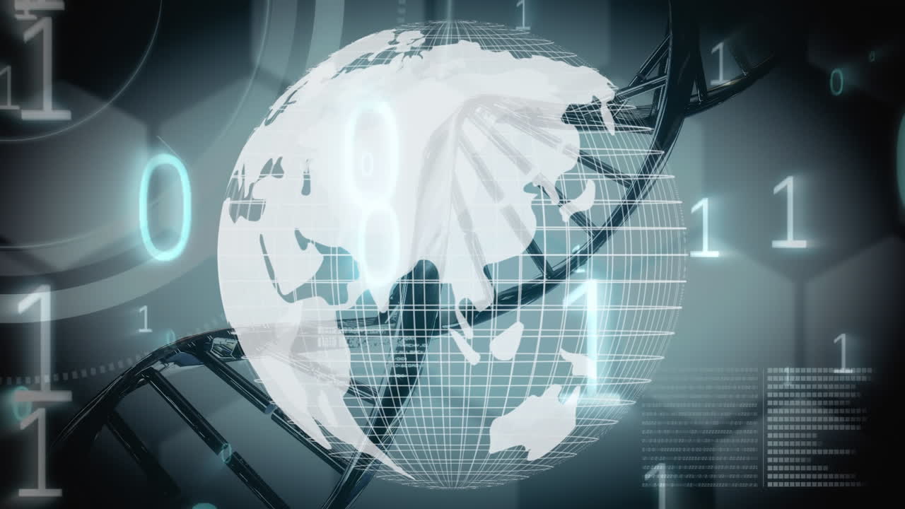 dna와 데이터로 회전하는 디지털 글로브의 애니메이션