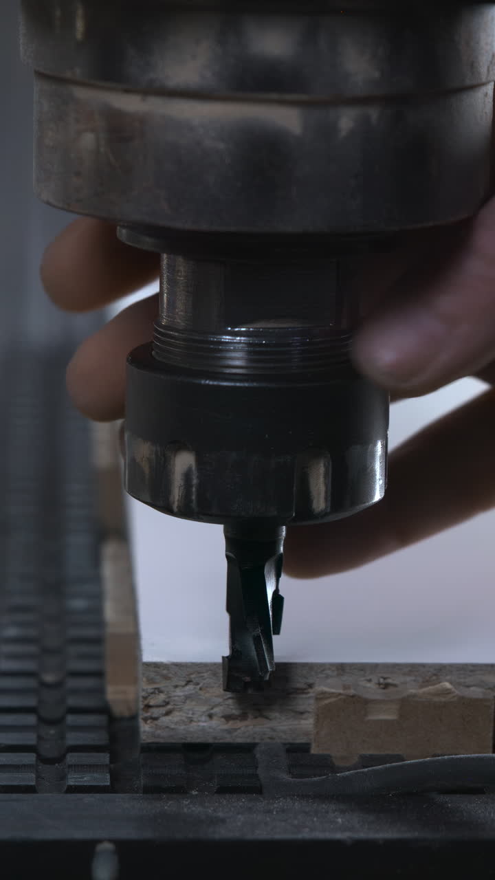 Tecnico Che Regola Una Fresa Su Truciolare Su Tavolo Industriale, Primo Piano Di Mano E Pinza, Macchinario. Media.