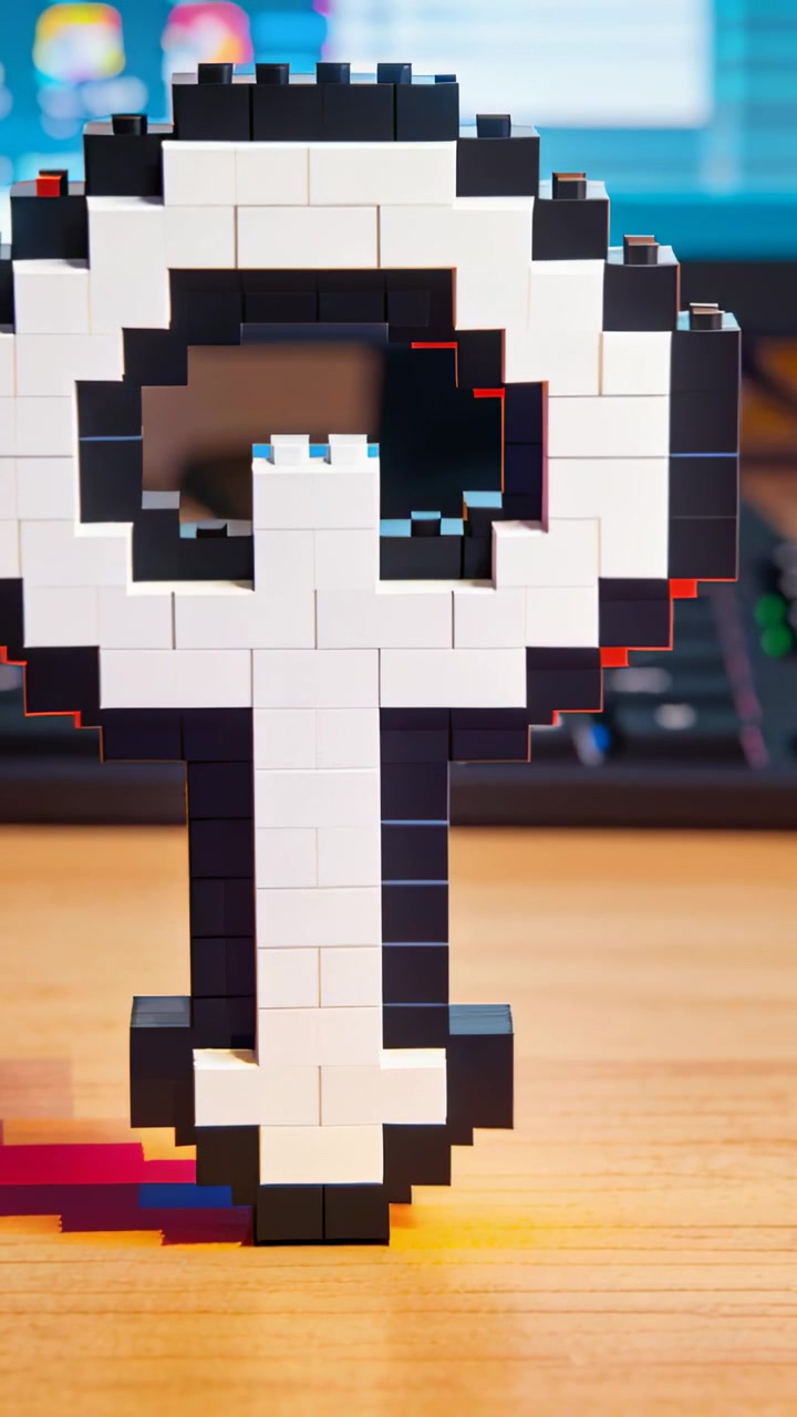 Vertical video: Zooming camera revealing pixel key on desk with keyboard, showing inner block