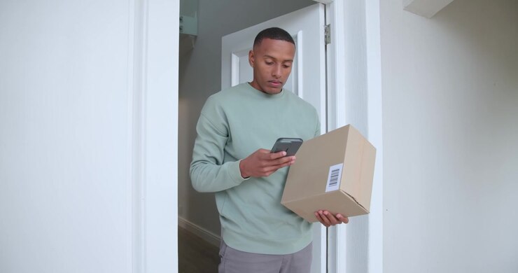 Door opening man coming grabbing package scanning barcode with phone and scanner verifying delivery