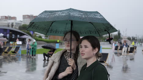 two women with an umbrella in a rainy city