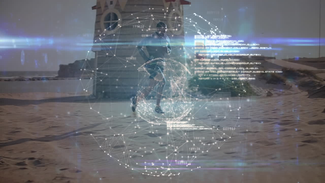 Animation of globe of connections over fit man running at beach
