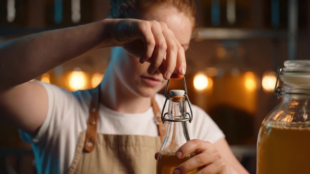 Eine junge Frau prüft sorgfältig eine Glasflasche mit hausgemachtem Getränk, während sie in einer warm beleuchteten Küche handwerklichen Tätigkeiten nachgeht