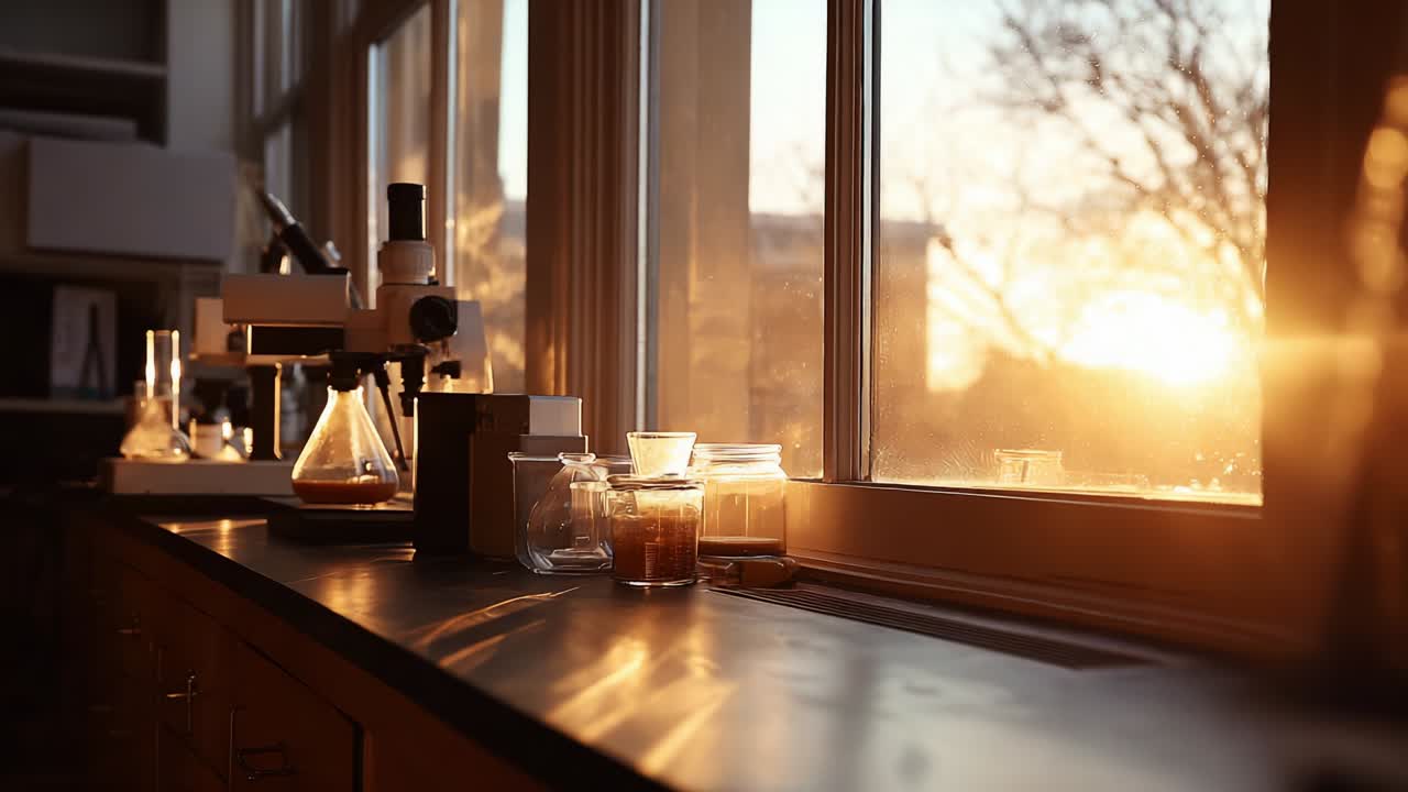 Captivating Sunset Light Illuminates Lab Workspace with Scientific Apparatus and Glassware, Creating a Serene Atmosphere in a Research Environment as Day Transitions to Evening