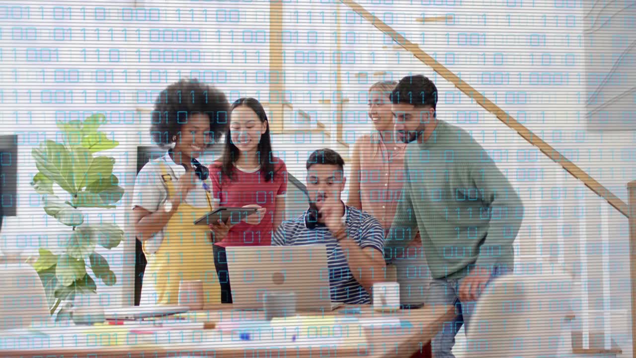 Woman showing tablet, seated man using laptop, team leaning, reviewing tech demo, binary overlay