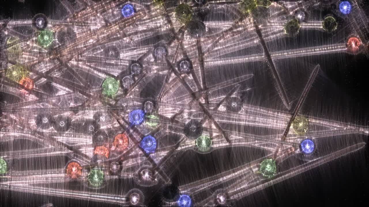 회전하는 색 배경에 다채로운 유리 머리를 가진 많은 핀의 루프 가능한 키를리안 오라 뷰