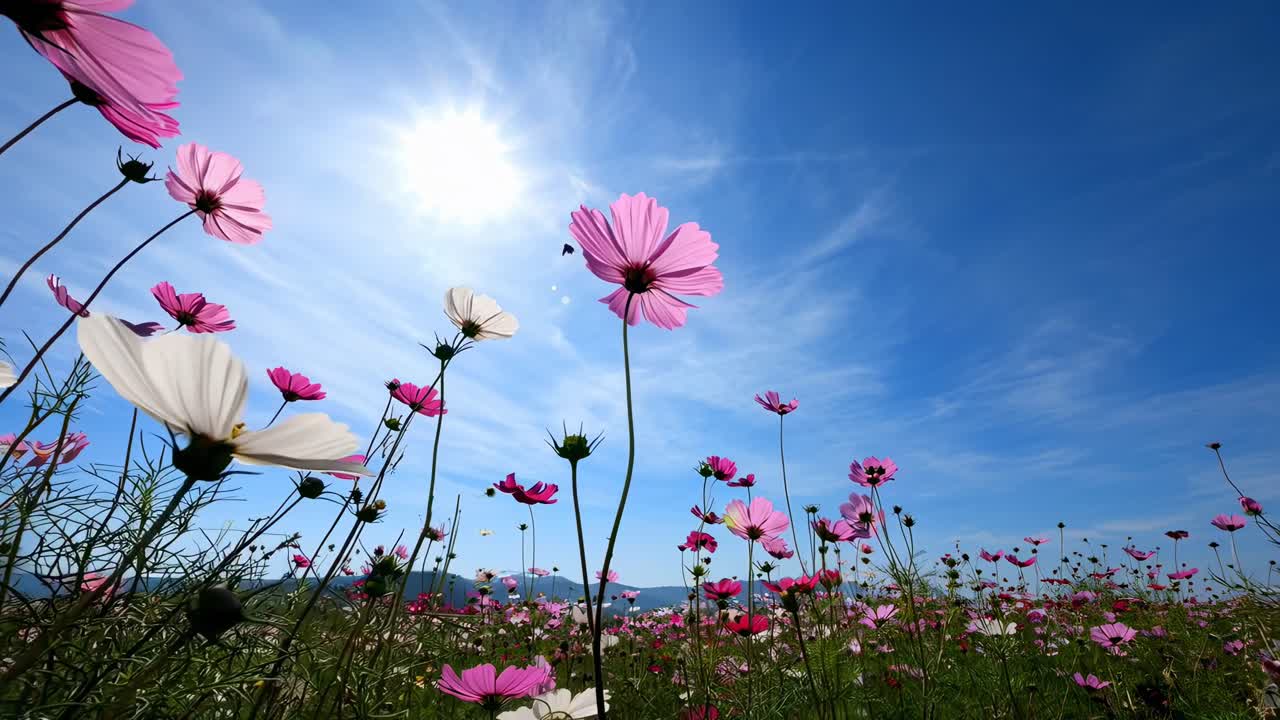 Ripresa video dal basso di vivaci fiori rosa e bianchi sotto un cielo azzurro brillante