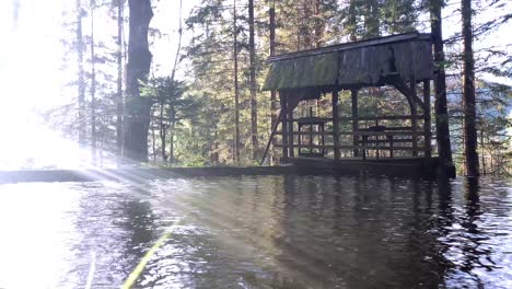 old quiet dam in the forest in sunset