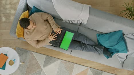 joven en jumper marrón y vaqueros grises está acostado en un sofá, usando una computadora portátil con pantalla verde. acogedora sala de estar con interior moderno con plantas, mesa de café y piso de madera. vista superior con zoom out.