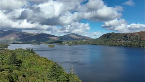 aerial view over derwent water to keswick, cumbria, england