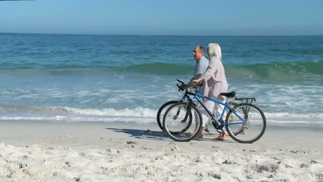 Elderly-couple-walking-with-bikes