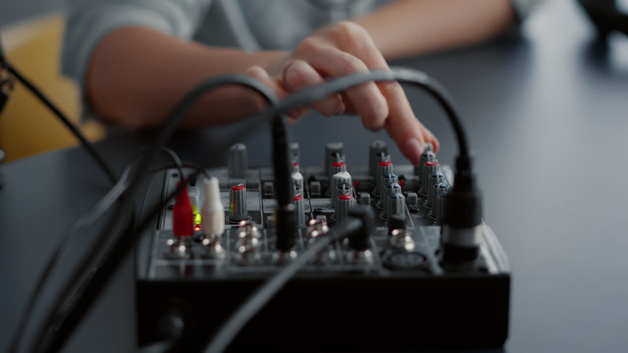 Woman tweaking audio mixer knobs and buttons