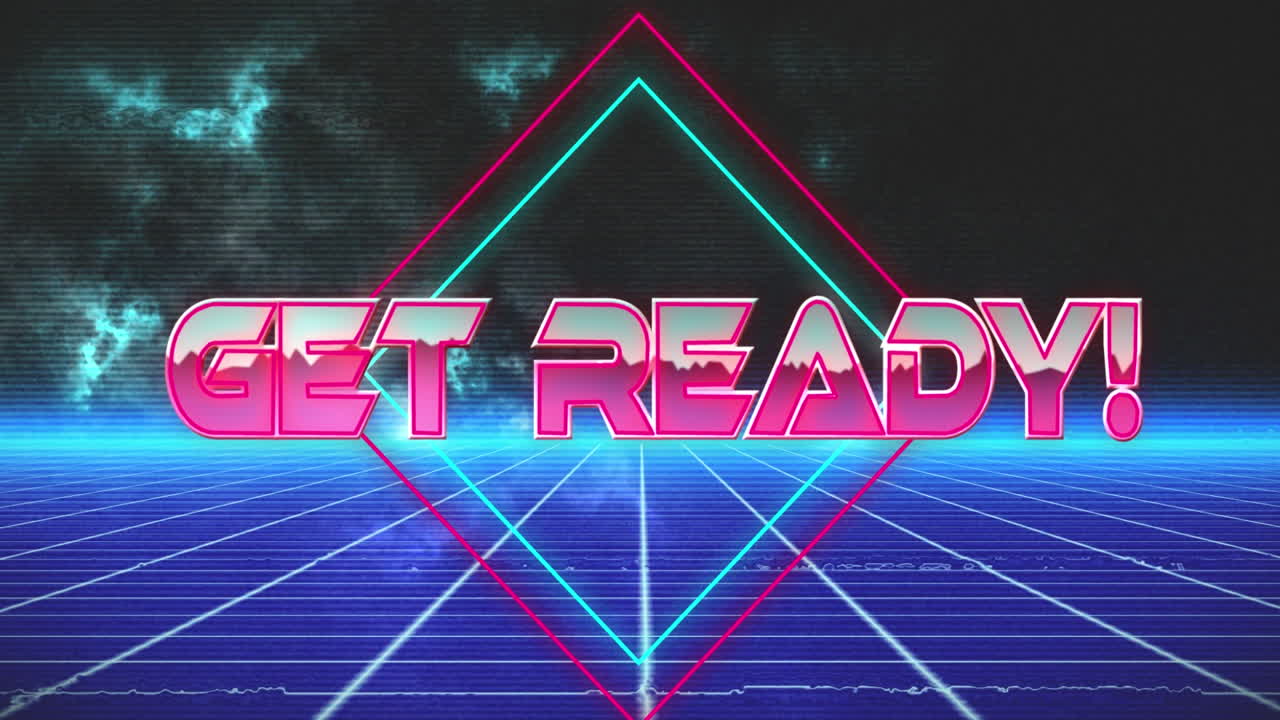 Animace textu „Get Ready“ nad mraky a modrými čtverci.